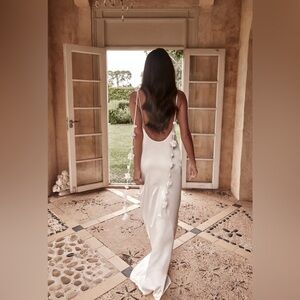 Meshki white floral straps satin maxi dress